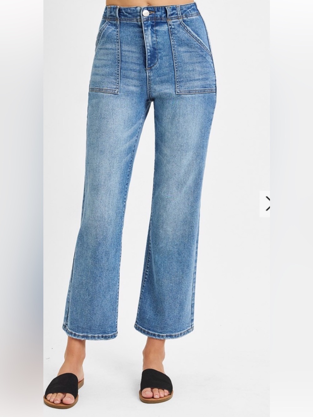 100 RISEN HIGH RISE ANKLE FLARE PATCH POCKET PANTS